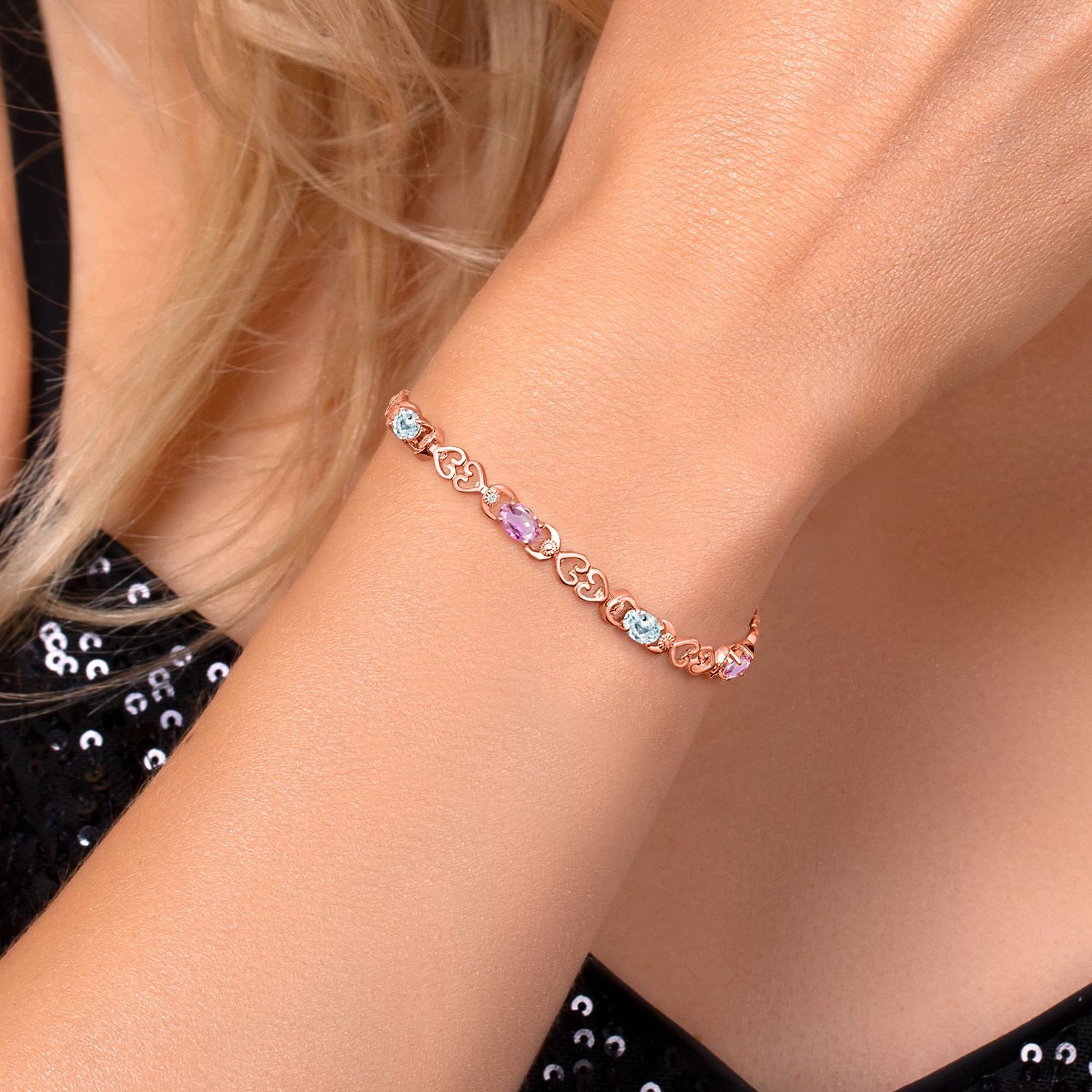 18K Rose Gold Plated Silver Aquamarine and Pink Sapphire and Lab Grown Diamond