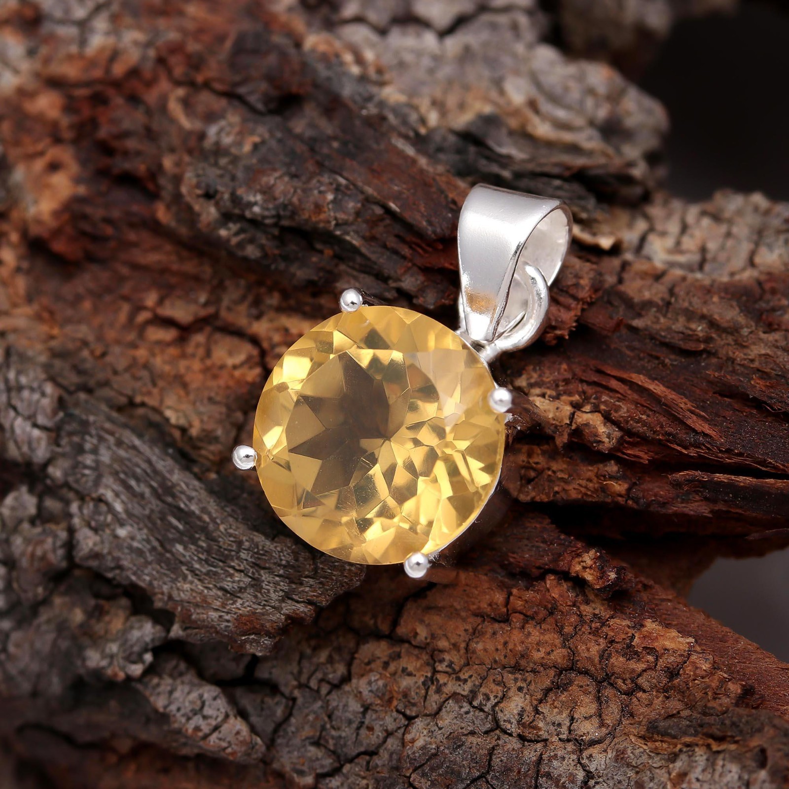 Natural Citrine Quartz Round Pendant 925Sterling Silver Handmade Jewelry For Her