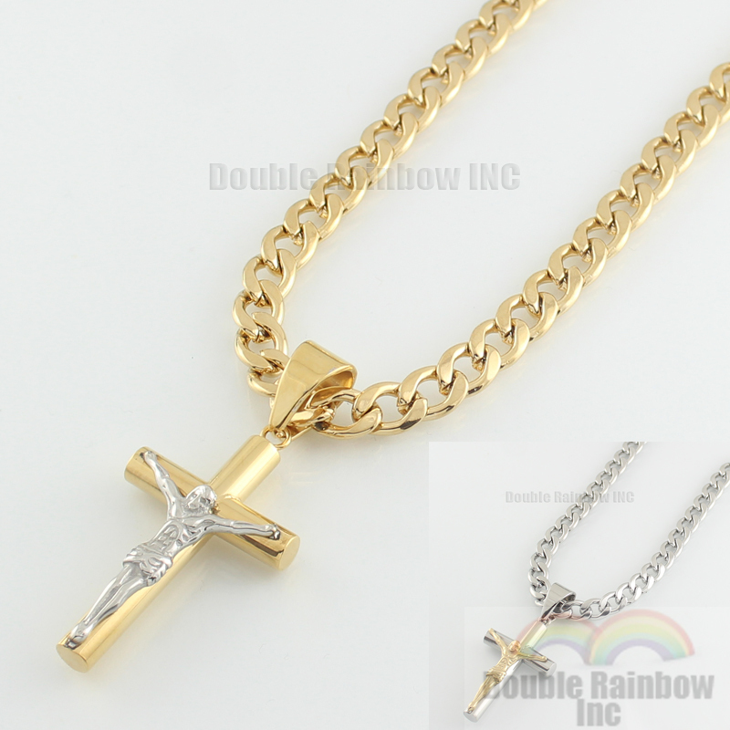 Mens stainless steel Gold Silver Plated cuban jesus cross pendant necklace chain