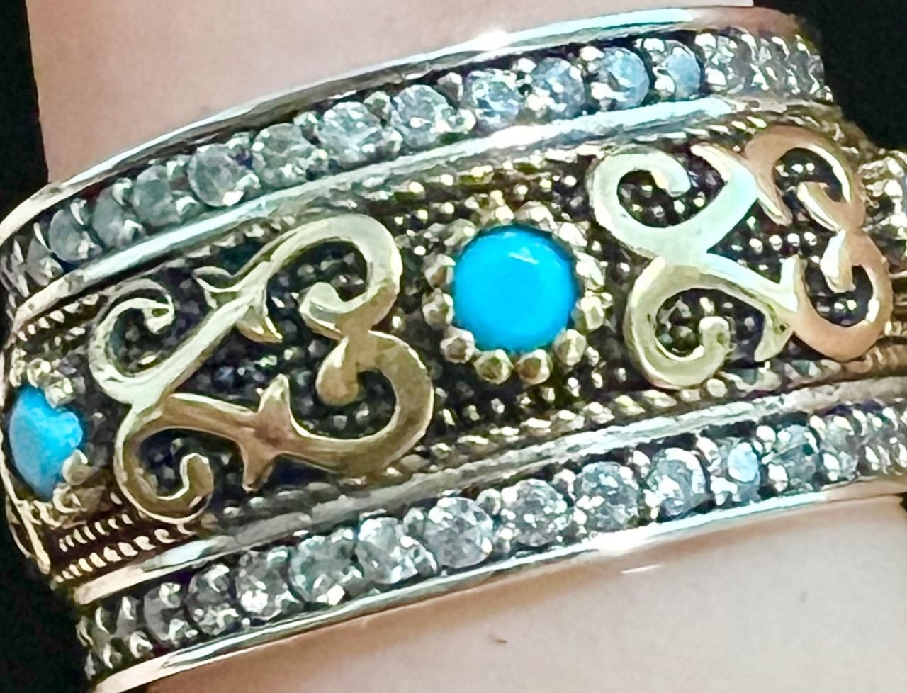 REAL Blue Turquoise & Diamond SOLID 14K Gold 925 Band Ring Etruscan Rev. Size 11