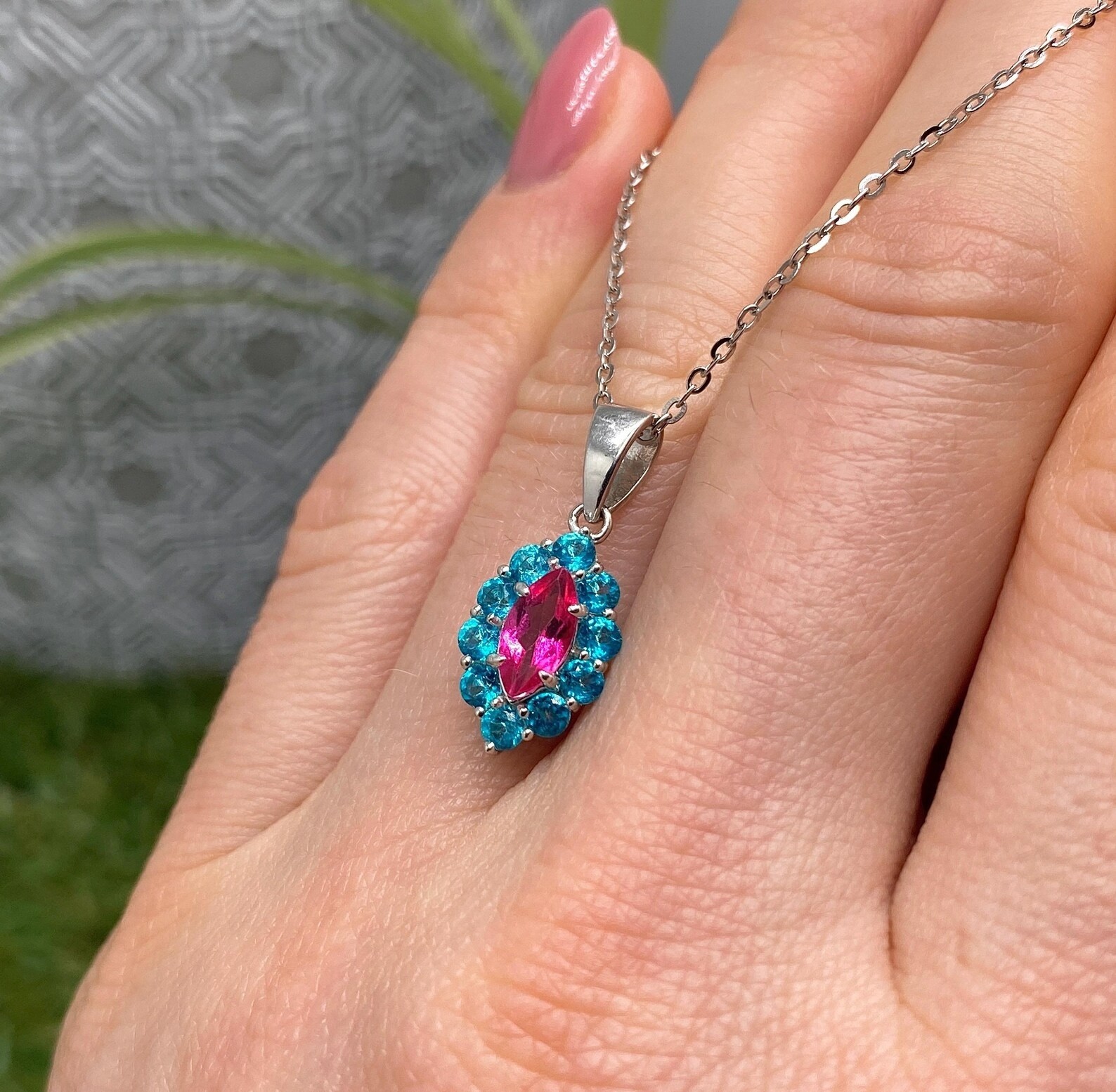Natural Pink Sapphire & Blue Aquamarine Halo Pendant 925 Sterling Silver Chain