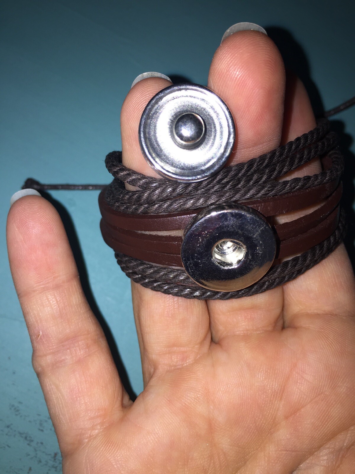 Genuine brown Leather multiple Strand tie Bracelet 18mm snap Button Jewelry