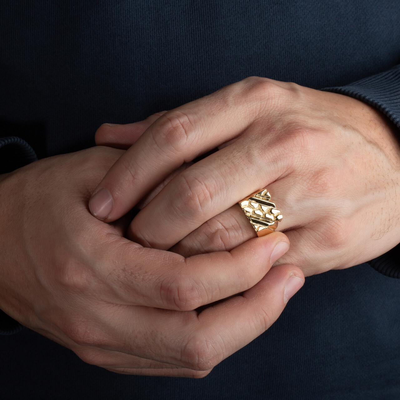 Yellow Gold Men’s Striped Nugget Statement Ring