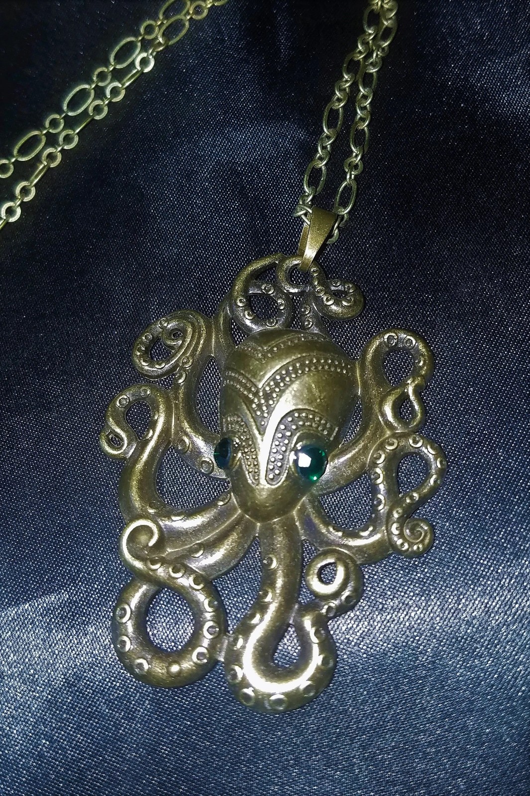 Gothic Octopus Kraken necklace antique gold, Green Rhinestone Eyes, 20″ chain
