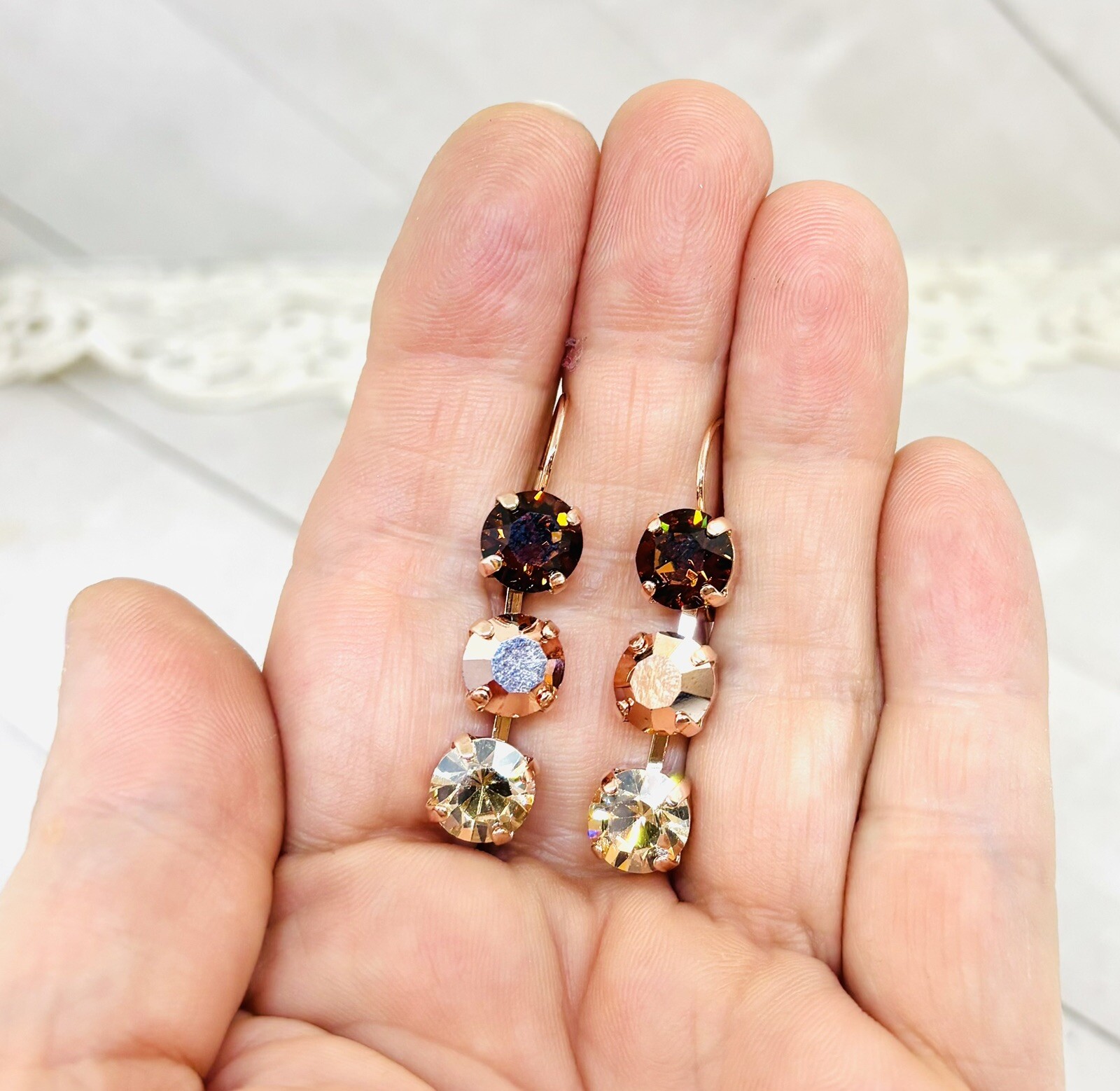 Rose Gold Plated Chocolate Brown and Rose Gold Triple Stone Cup Chain Earrings