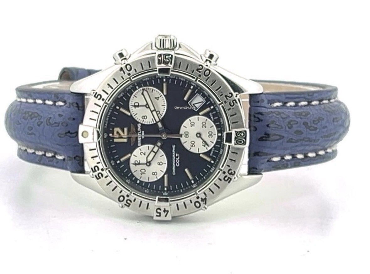 Breitling Colt A53035 Chronograph Quartz Blue Dial Leather Strap Stainless Steel