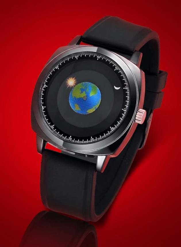 Men’s Creative World Map Watch Black Dial Gray Case Earth Moon Sun Black Strap