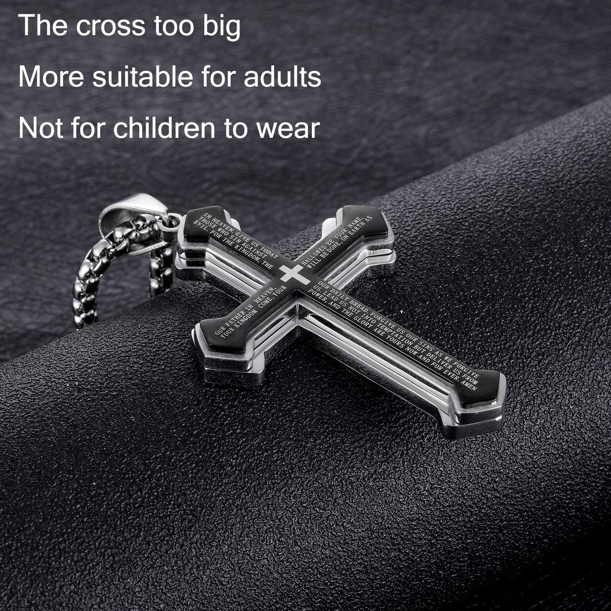 Mens Cross Necklace Silver Stainless Steel Lord’s Prayer Big Pendant Rolo Chain