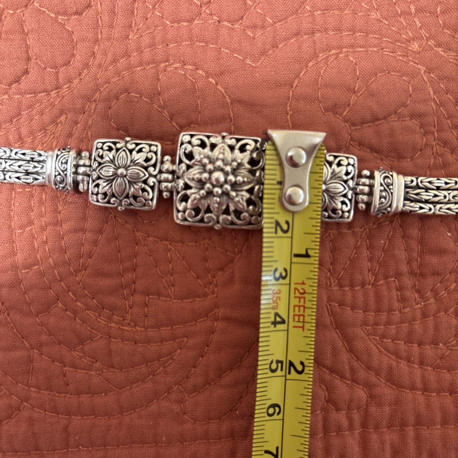 Sarda 925 Sterling Silver Toggle Floral Panel Byzantine Chain Bracelet 34.6g