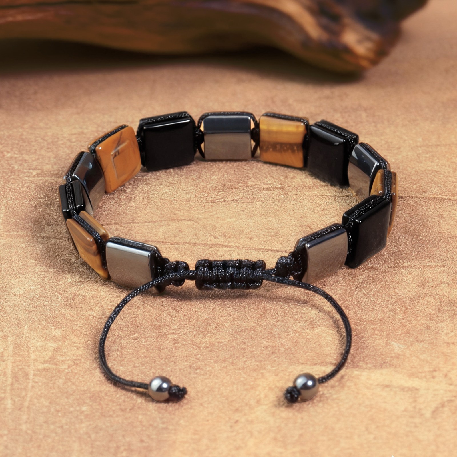 Triple Protection Men Bracelet Tiger’s Eye Hematite Obsidian Square Bead Jewelry