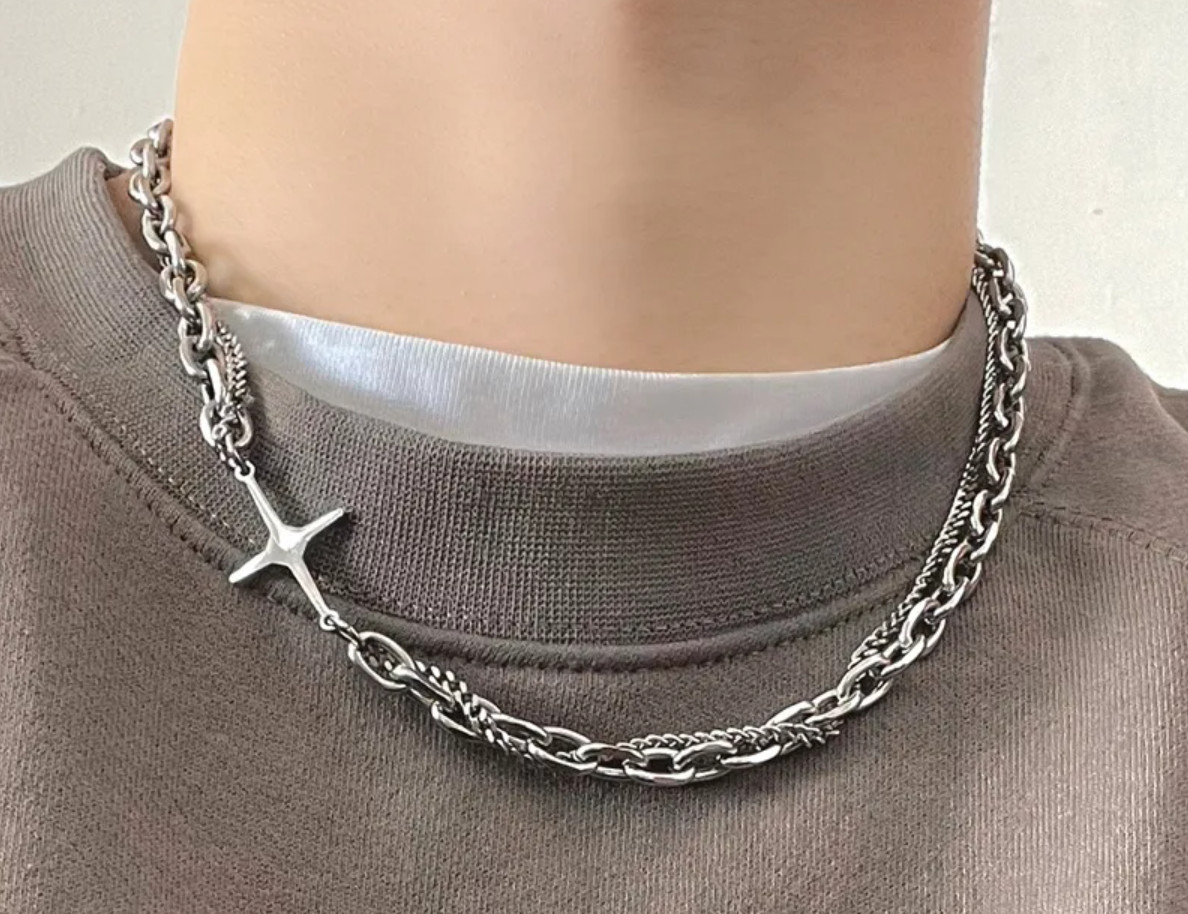 Trending Hip-Hop Multi-Chain Silver Necklace w/ in-line Cross Pendant – 21 1/2″