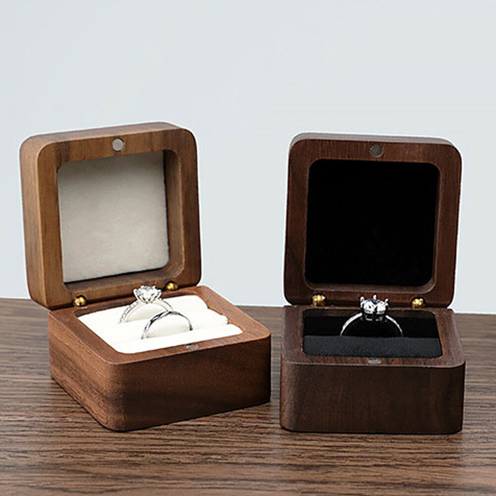 Walnut Wood Ring Display Box Plastic clear Crystal Box Jewelry Gems Storage Box