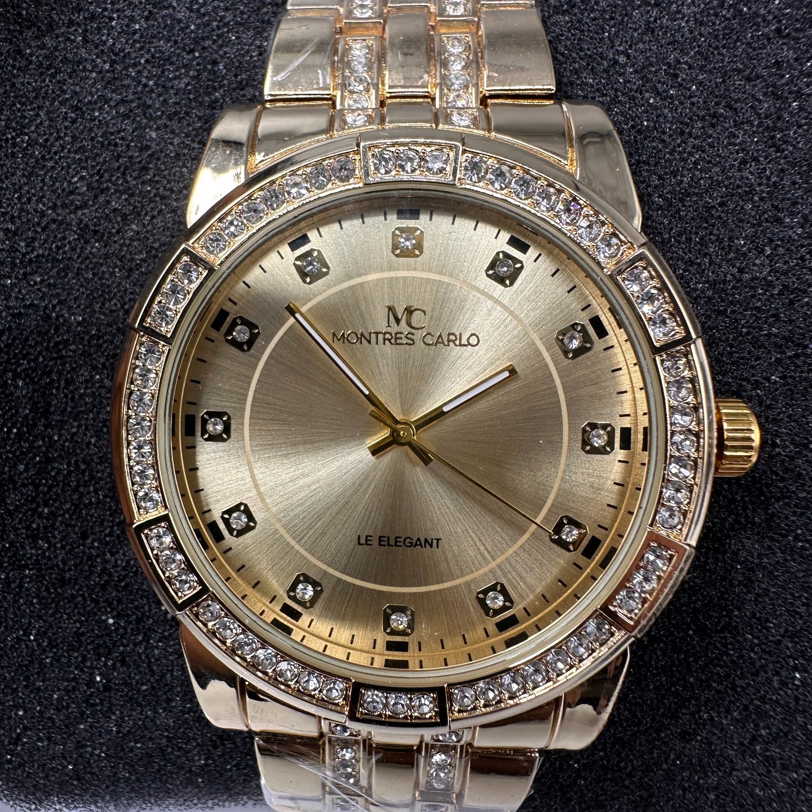 Montres Carlo Watch Men Gold Tone Crystal Bezel Round Dial 45MM Works 8.75″