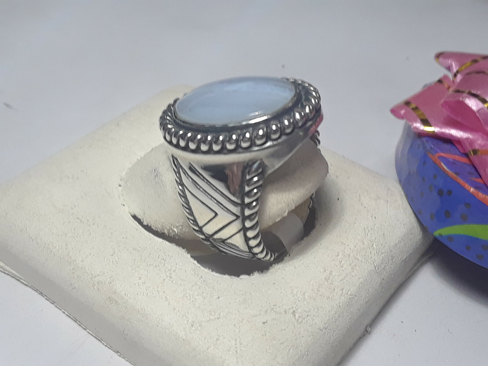 Vintage Natural Lacey Agate Bezel Rope Edge & Sides Sterling Silver Ring #10152