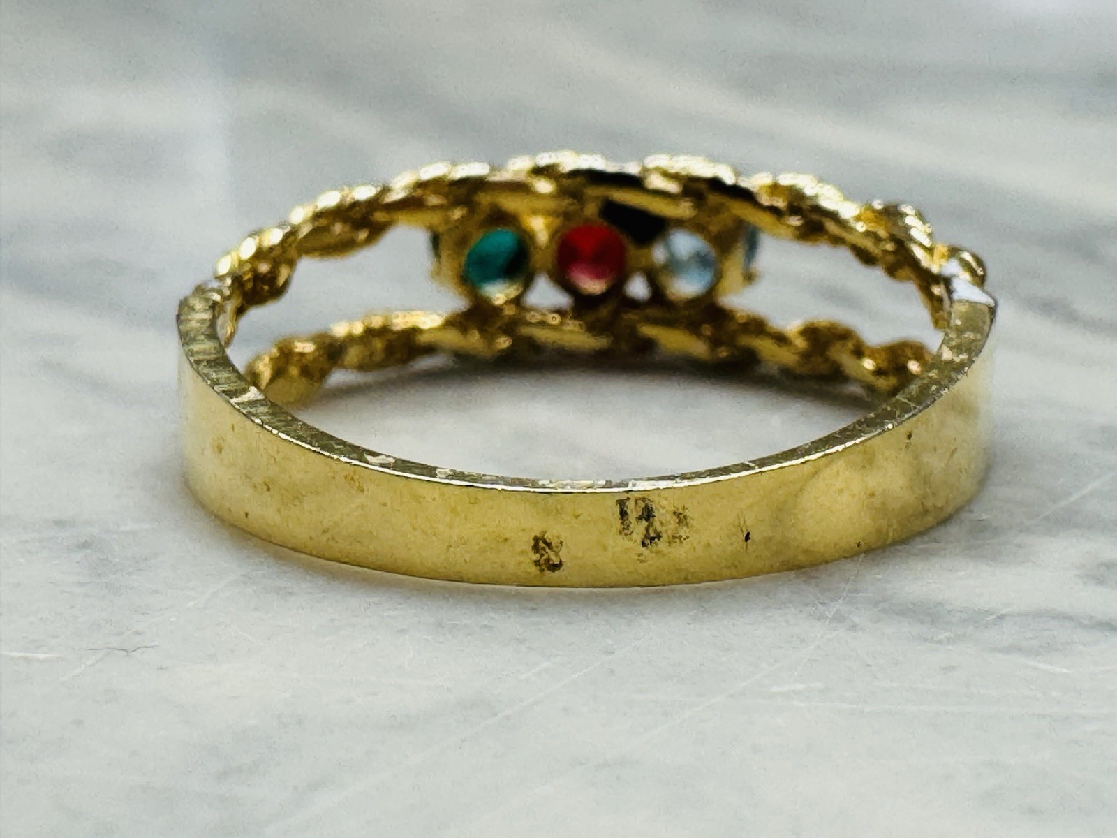 Vintage Gold Plated Sample Ring 3 Stone Blue Red Green CZ Size 7 Twisted Band