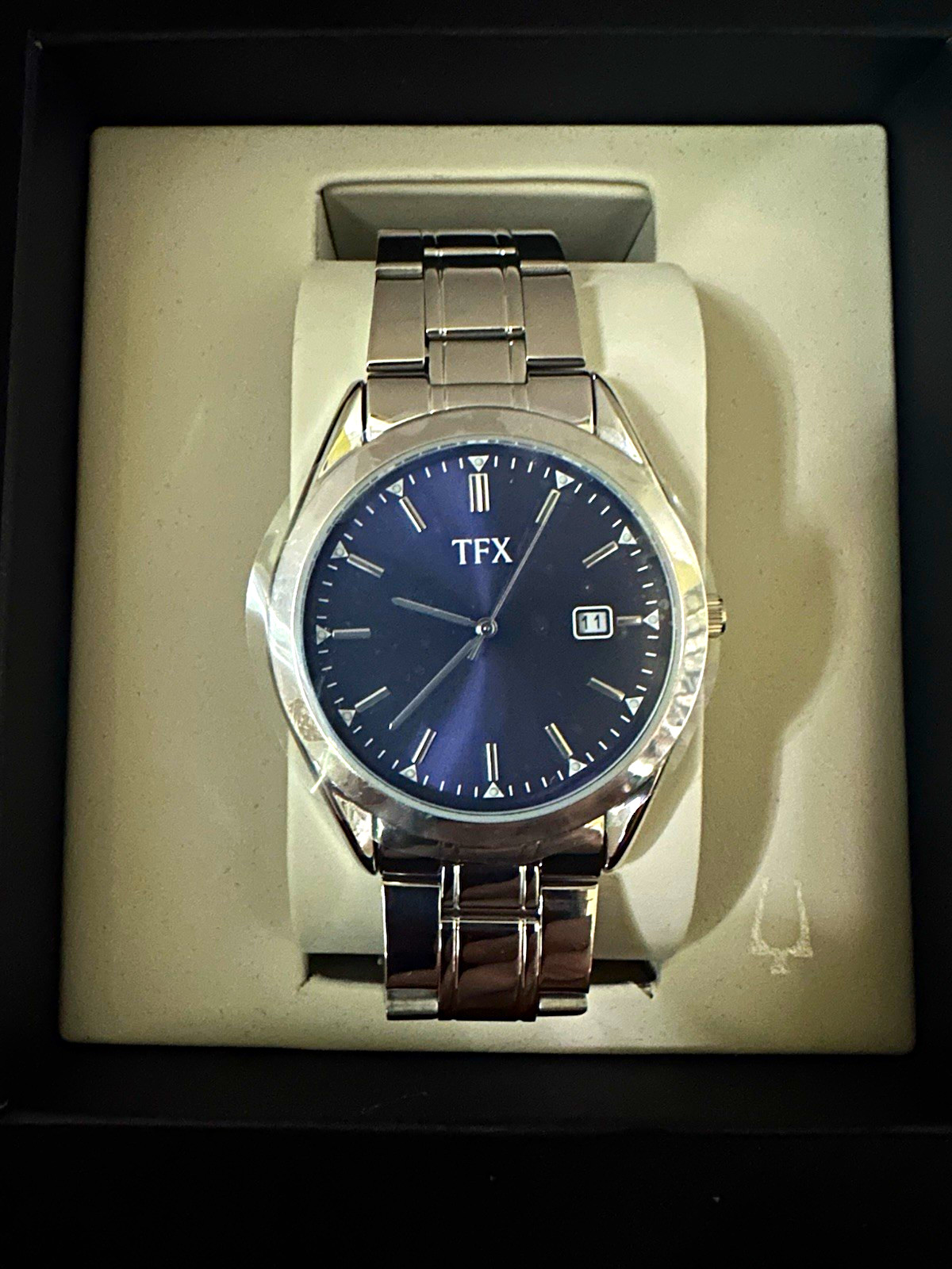 TFX Men’s Dress Quartz Watch Blue Dial Date Silver Stainless Steel Bracelet Box