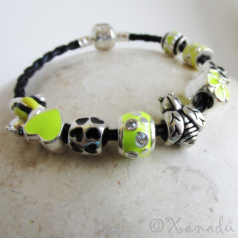 Bumble Bee Black Leather European Charm Bracelet With Yellow Black Enamel Beads