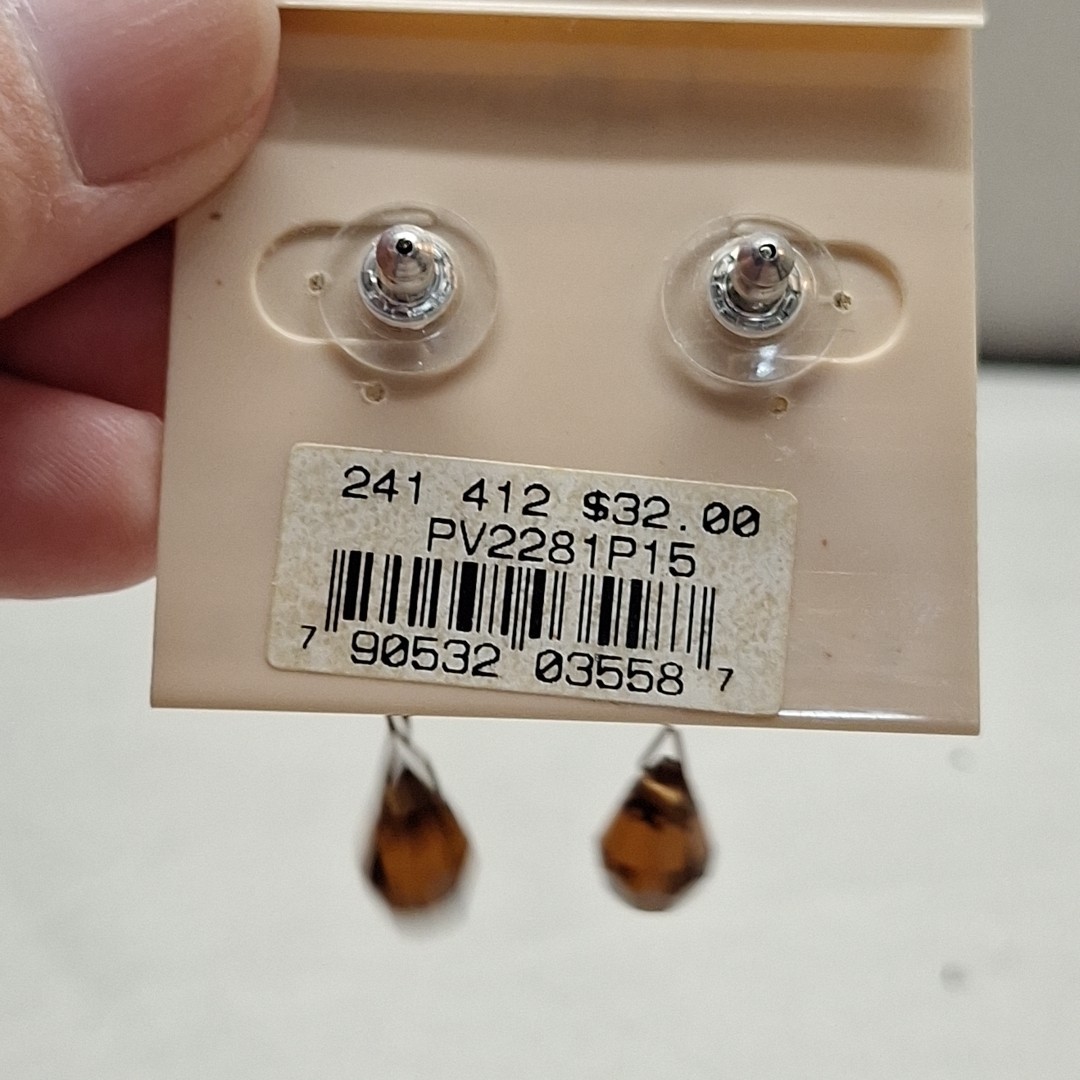 MISTER BIJOUX Round Brown Gold Tone Clip On Earrings 2″ Dangle Sparkle Rhineston