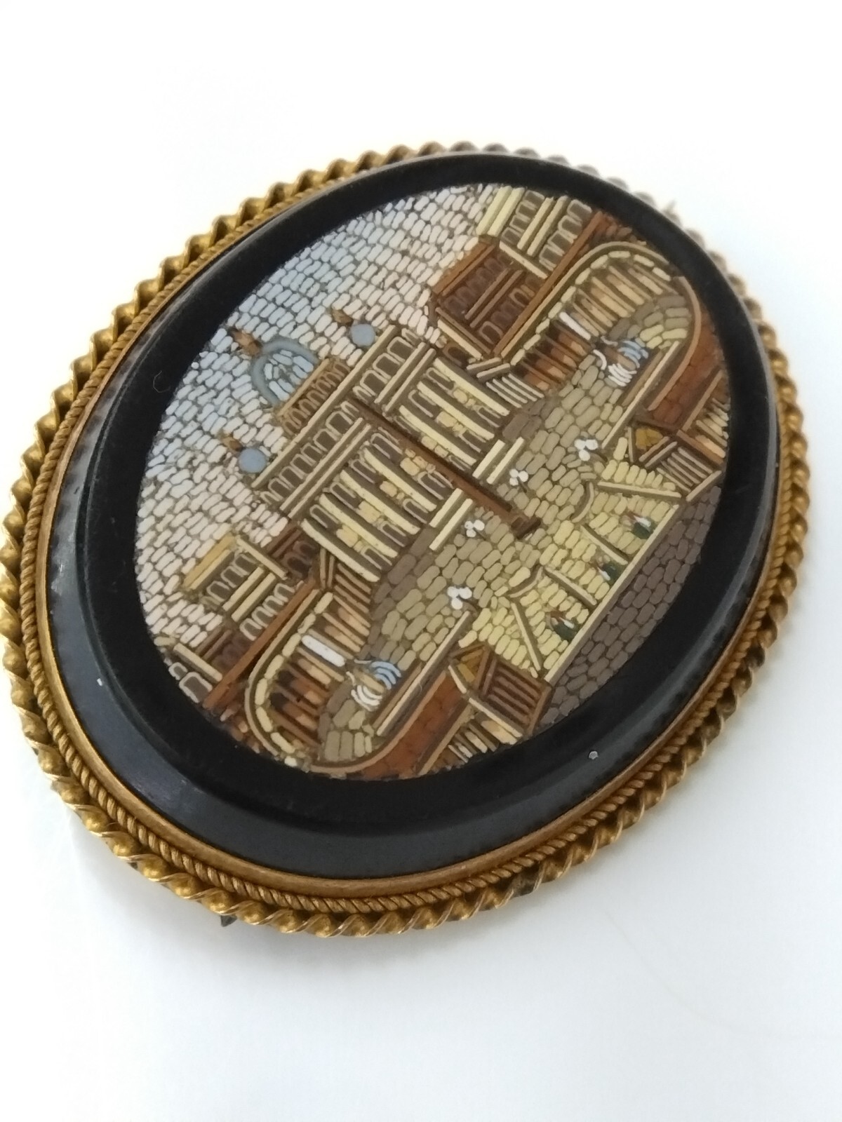 18K Yellow Gold Antique Victorian Gold Pietra Dura Italy Mosaic Pin Brooch FZZ