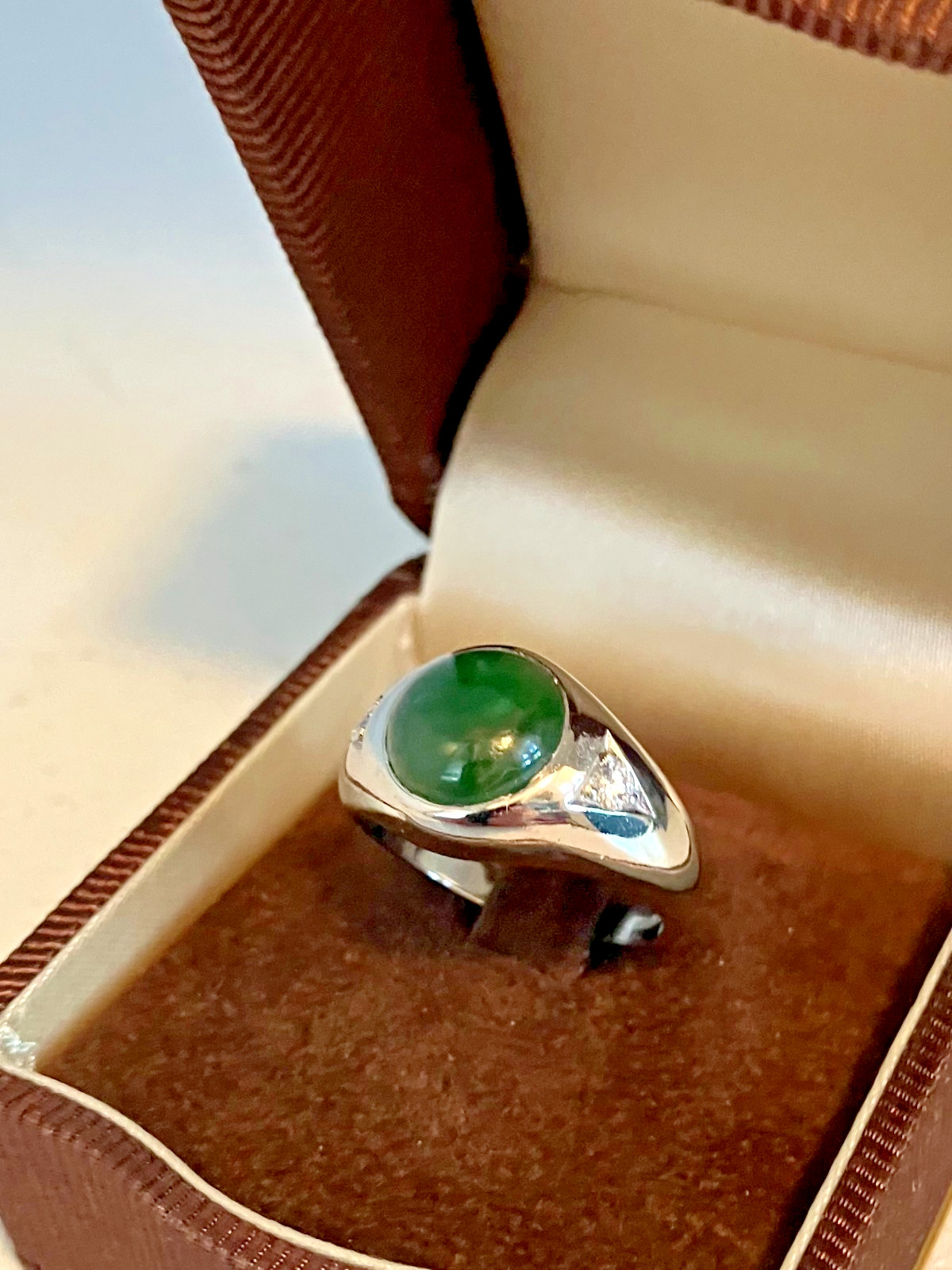 Gorgeous Palladium Jade & Diamond Ring Mens Womens Size 9