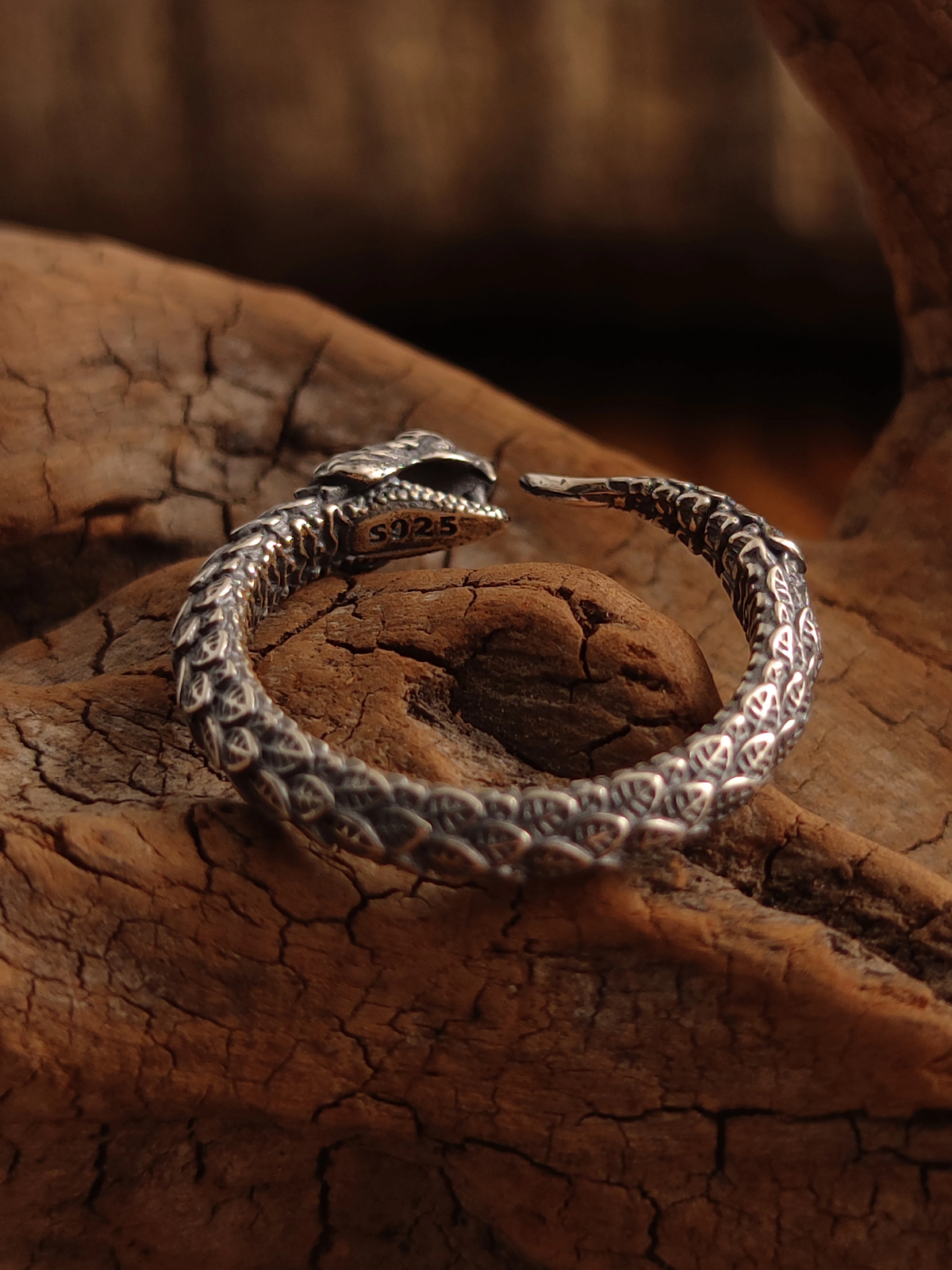 NIGHT WORKS Ouroboros S925 Silver Retro Texture Adjustable Ring for 7-9 Size