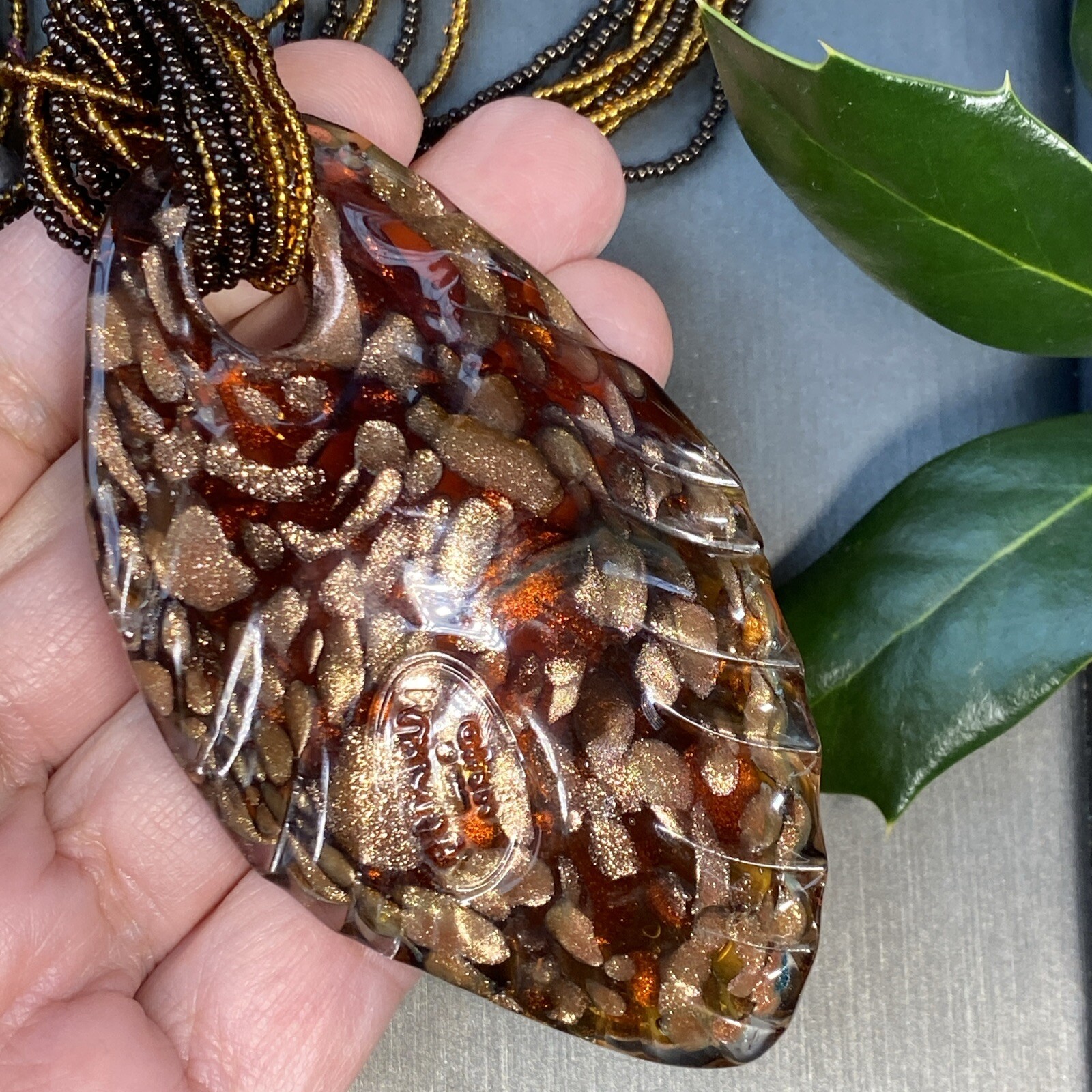 Vintage Pendant Necklace Handblown Murano Italy Art Glass 24K Gold Fleck Signed