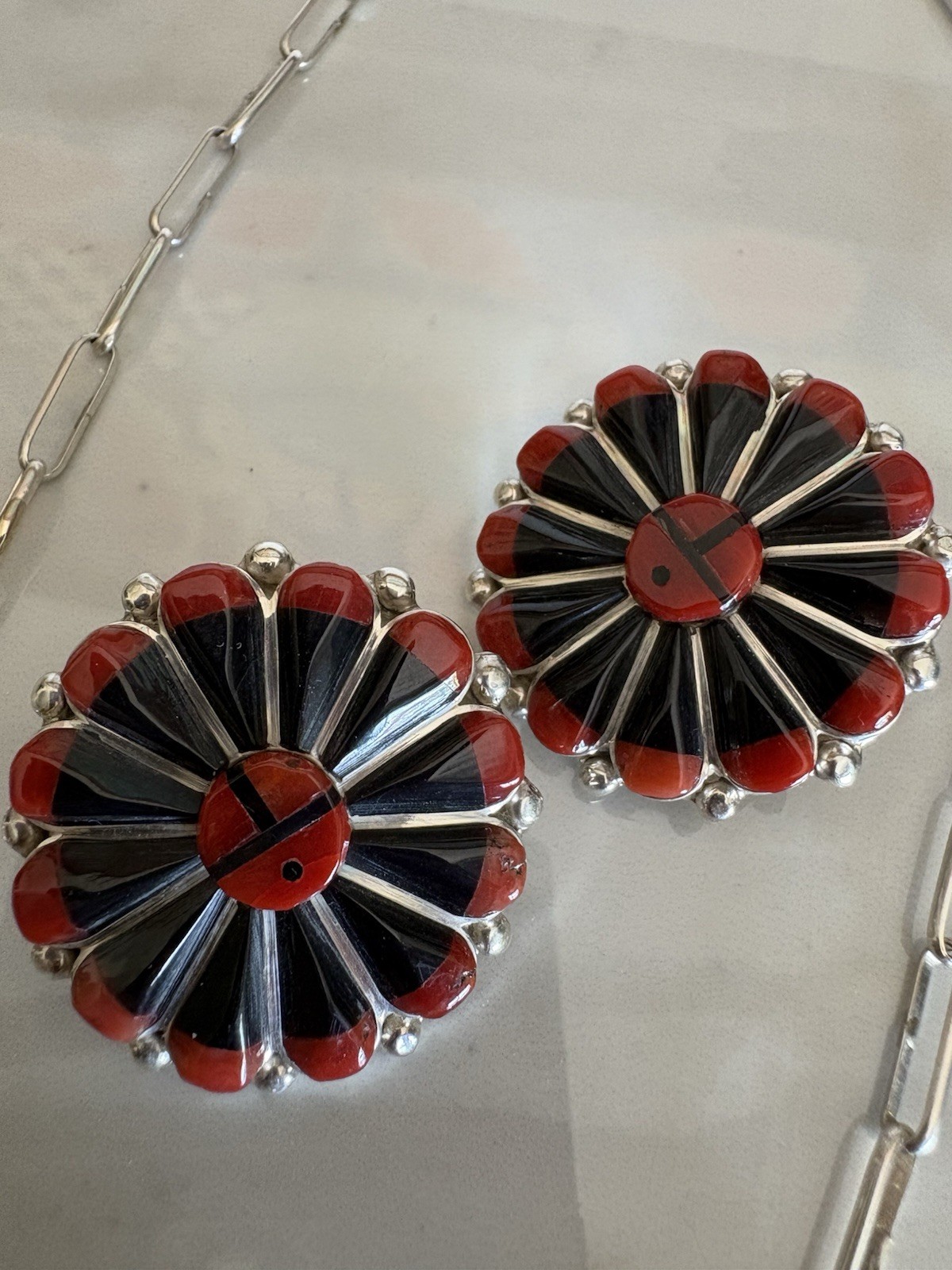 Zuni Necklace Set w Earrings in Jet and Coral-23″ Signed WCN – Sterling Silver