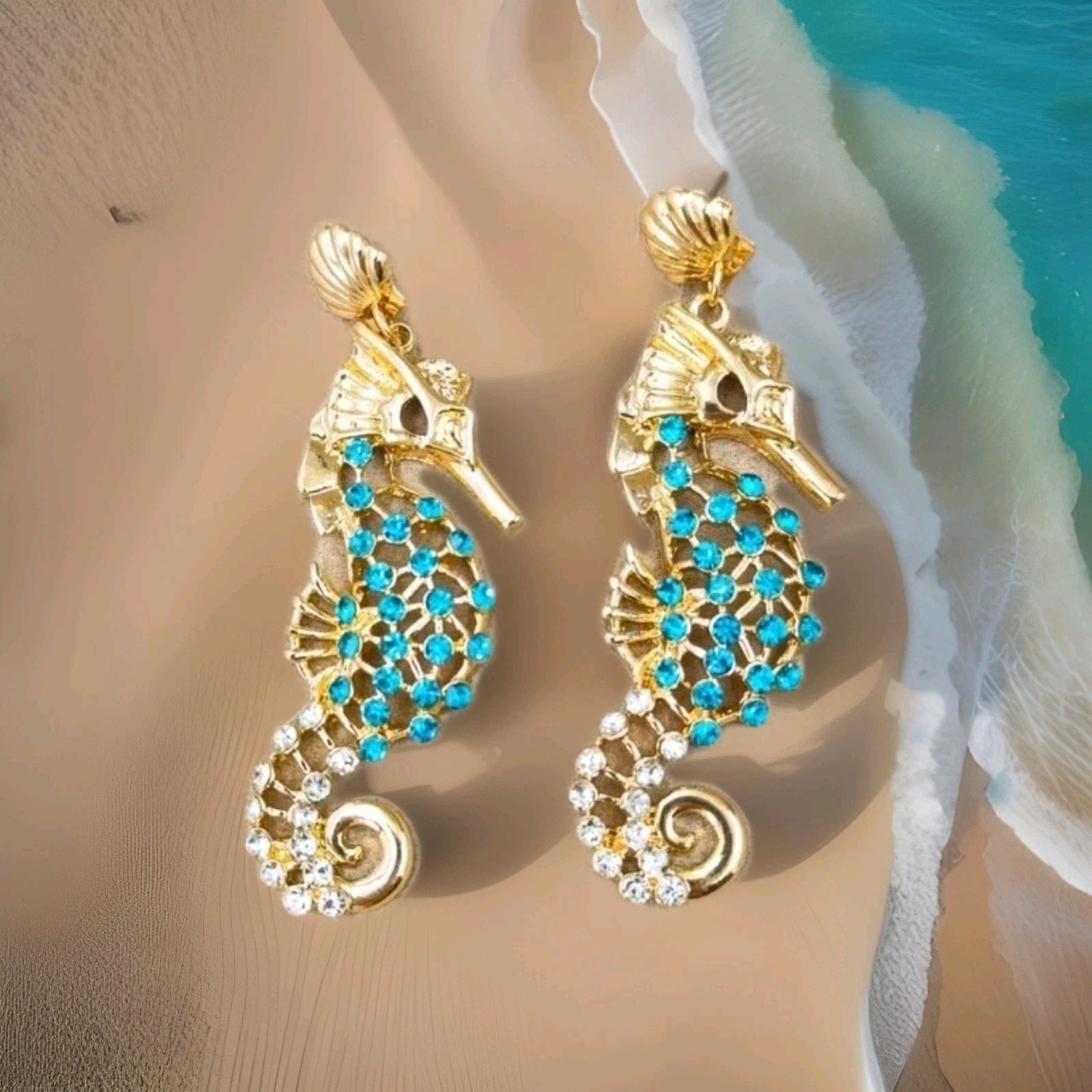 Sparkling Blue & clear Rinestone Embellished Goldtone Seahorse Dangling Earrings