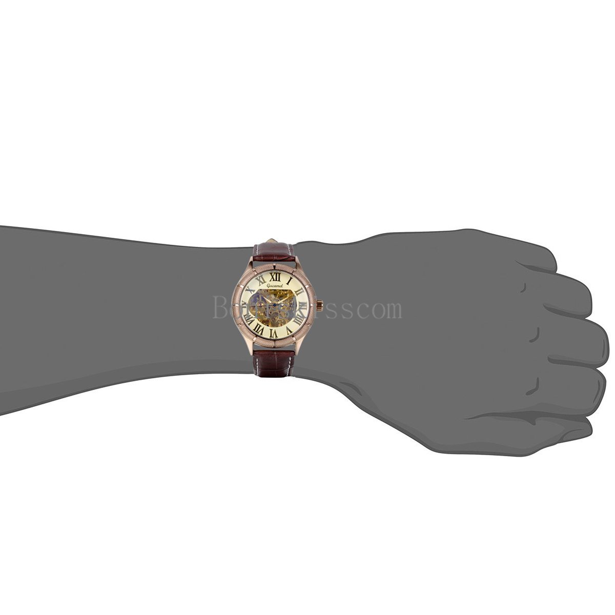 Mens Luxury Gold Tone Skeleton Dial Mechanical Watch Business Leather Wristwatch