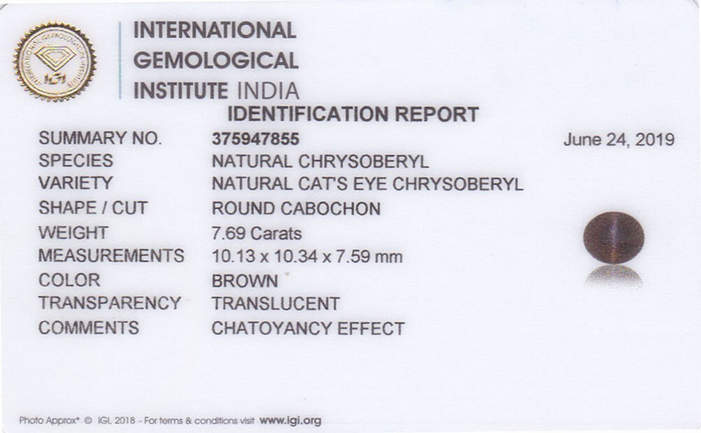 IGI Certified INDIA Chrysoberyl Cat’s Eye 7.69 Cts Natural Untreated Dark Brown