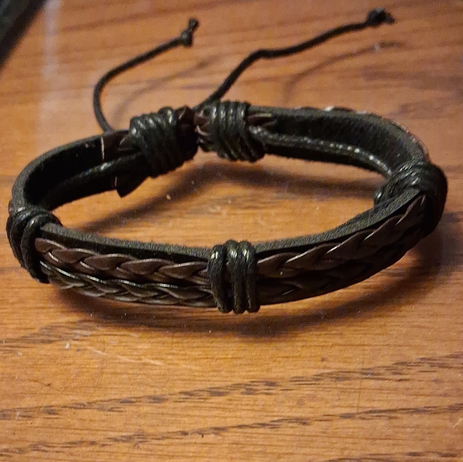 Black Faux Leather Braided Cord Bracelet, Adjustable Drawstring Closure