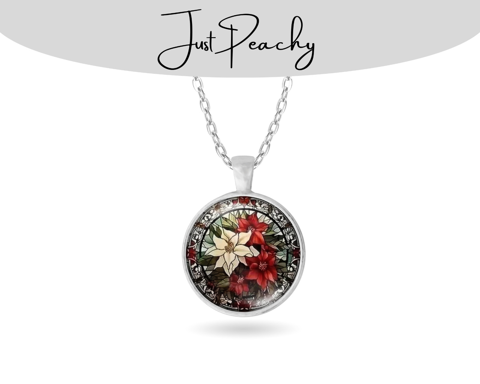 Christmas Poinsettia Red Flower Silver Necklace Standard or Large Charm Pendant