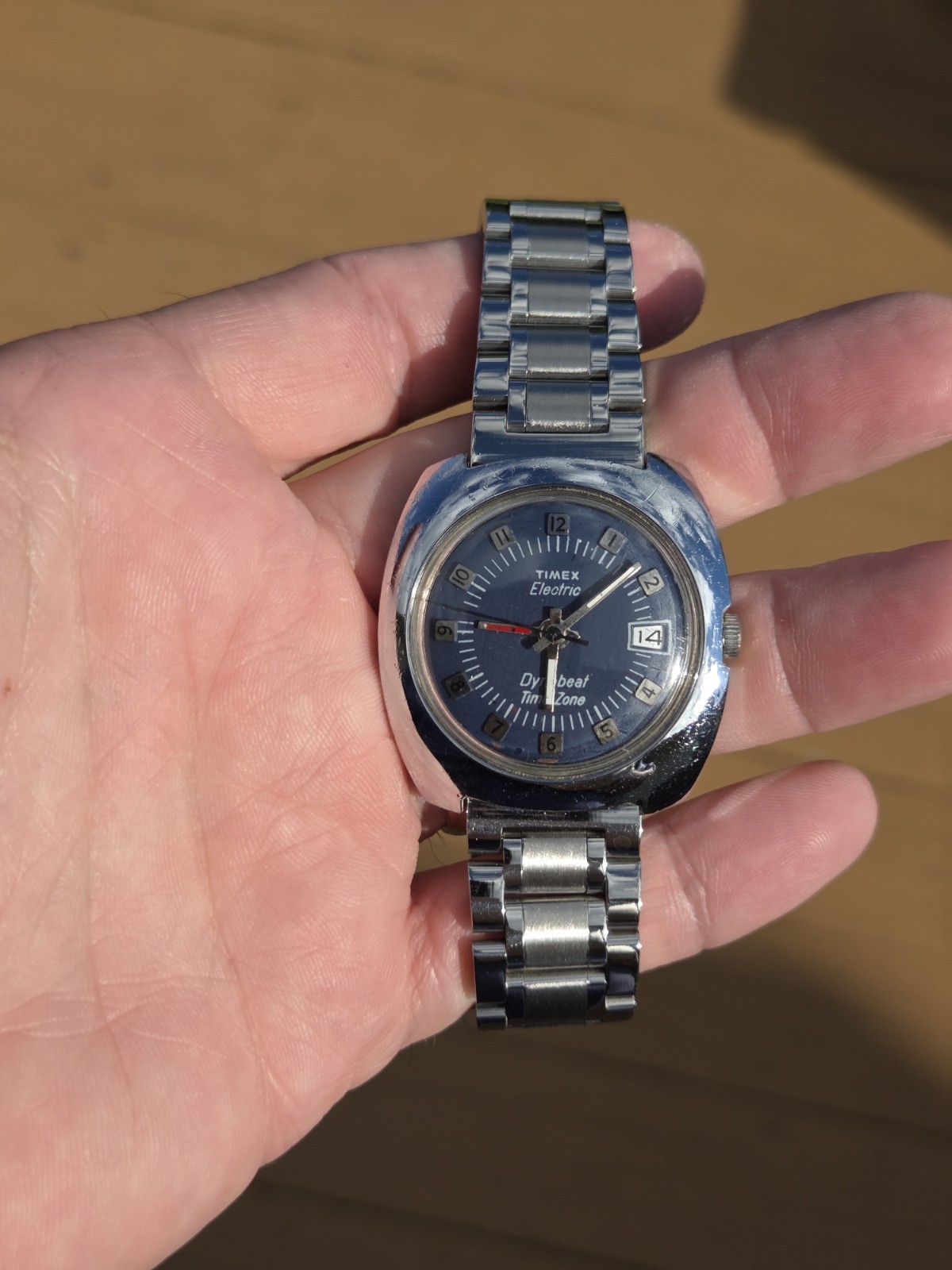 Vintage Timex Dynabeat Time Zone Blue Dial 37mm Running New Battery