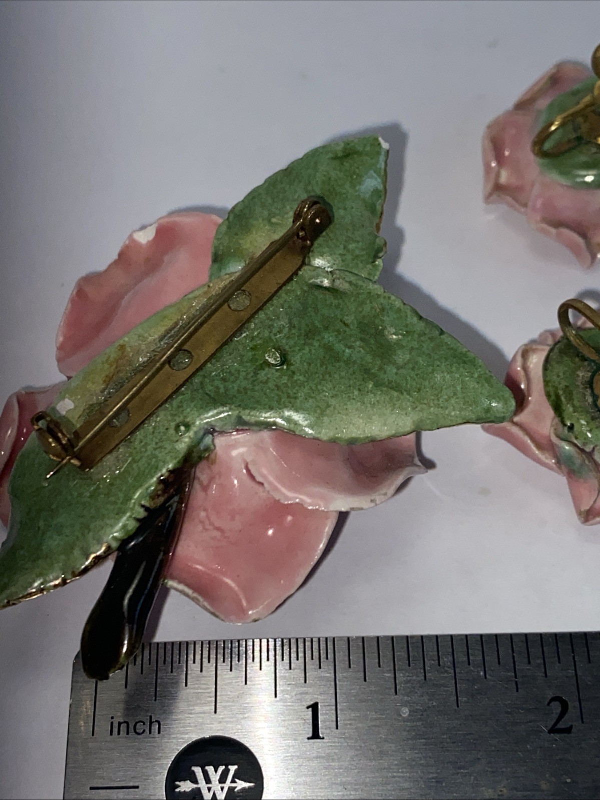 Vintage Ceramic Large Figural Pink Rose Enamel With Matching Earrings Set.