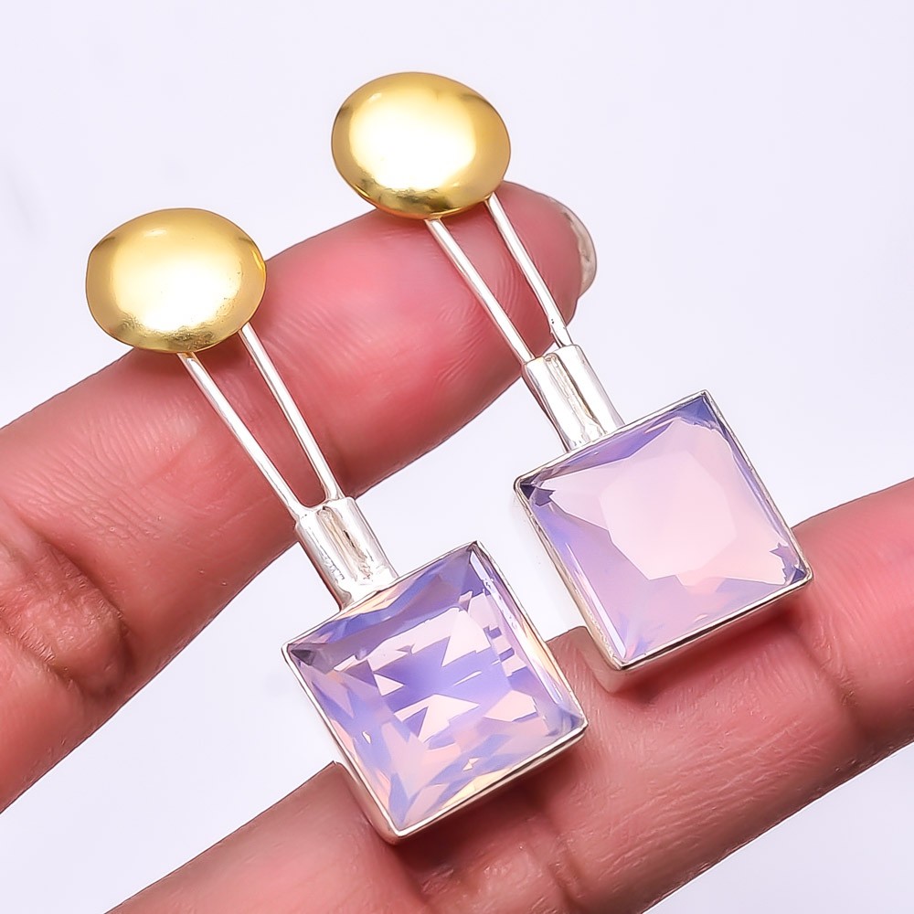 Milky Pink Opal 925 Sterling Silver Two Tone Earring 1.76″ E75, Christmas Gift