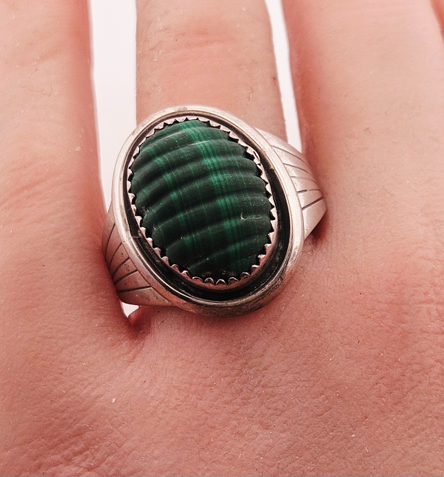 Sam P sterling silver native handmade carved malachite ring