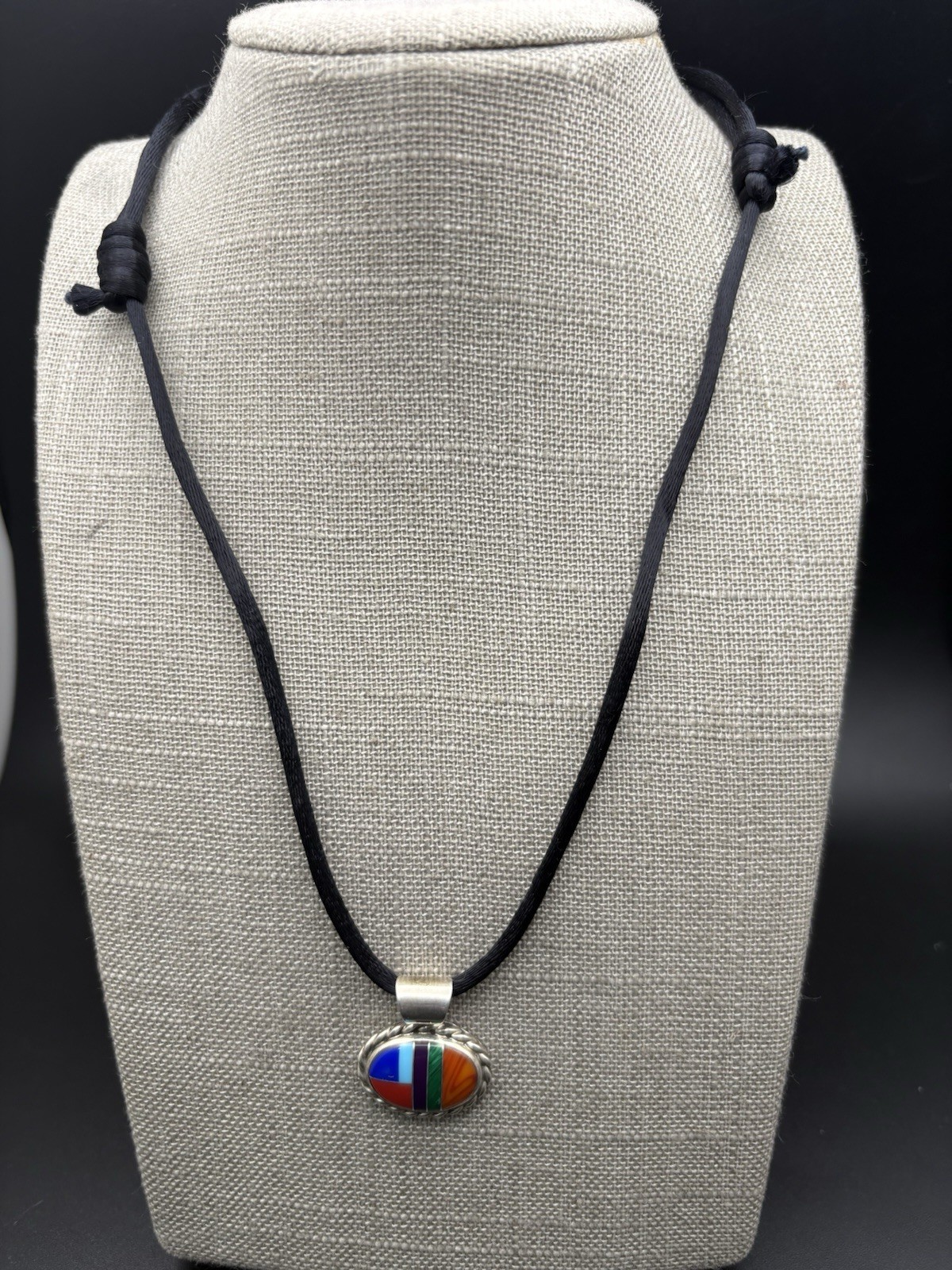 Vintage Sterling Silver AM Santa FE Pendant Necklace Southwestern Multi Stone 7g