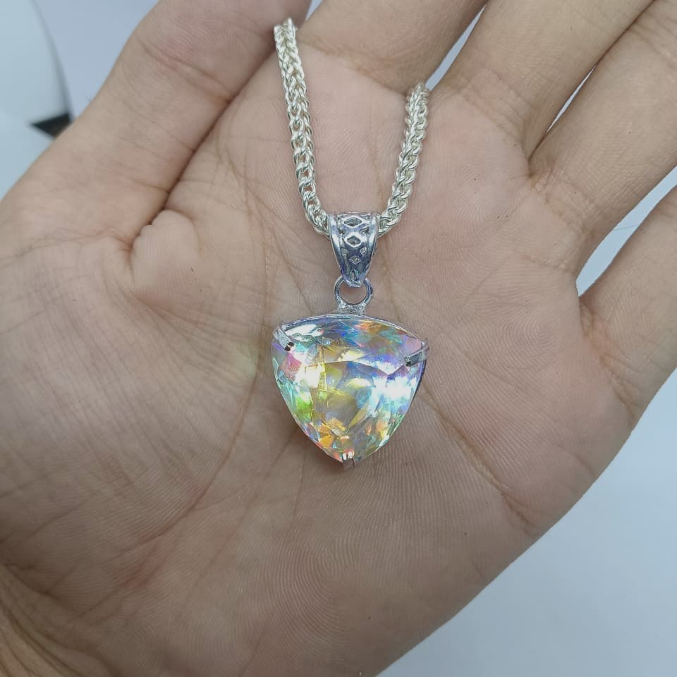 Handmade Trillion Mystic Topaz Pendant Necklace | 50-60 Ct Rainbow Crystal