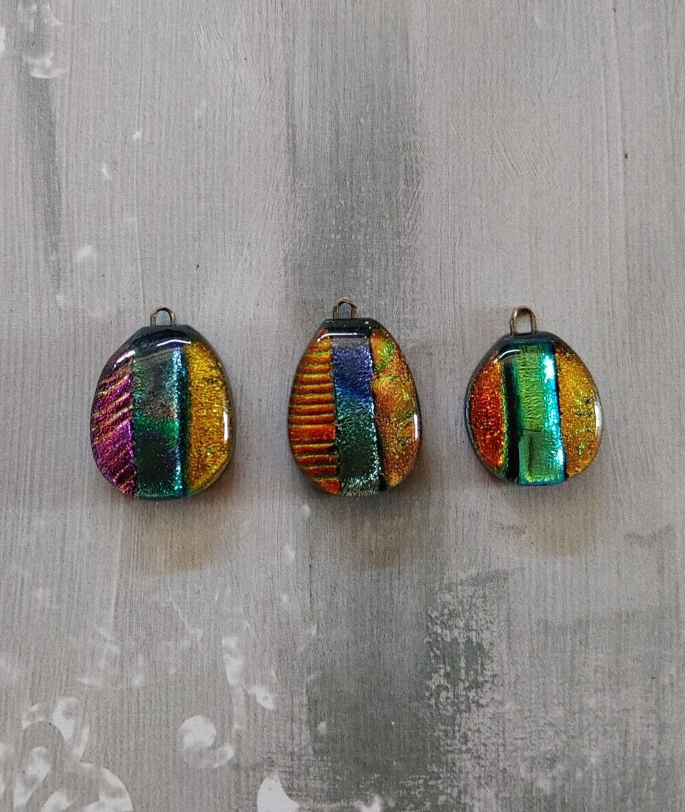 vintage qty 3 pendant finding component dichroic art glass precious metal foil