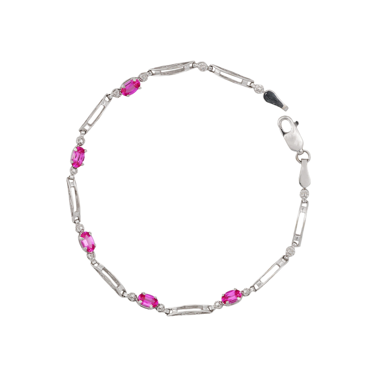 14K White Gold Pink Sapphire & Scrollwork Link Bracelet