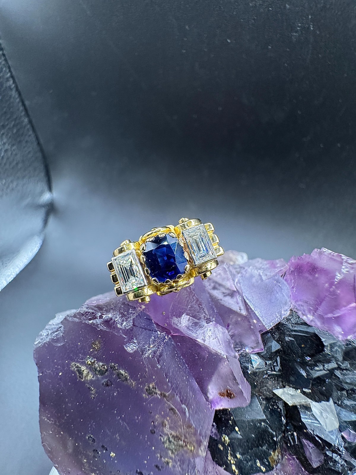 Handmade 18ct Yellow Gold Ring with Blue Sapphire & Diamond Baguettes