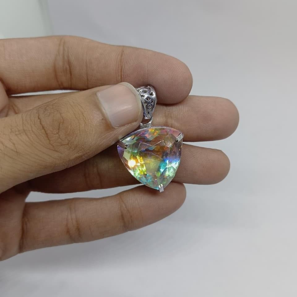 Handmade Trillion Mystic Topaz Pendant Necklace | 50-60 Ct Rainbow Crystal