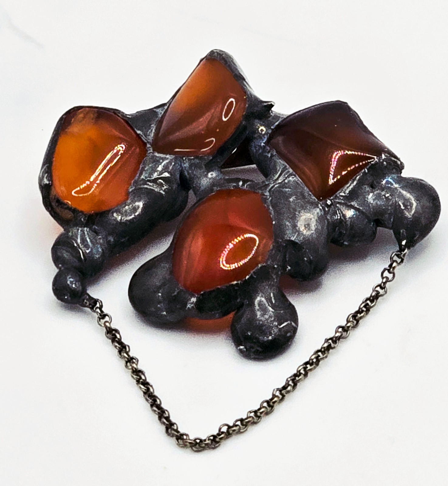 VINTAGE NORWEGIAN BRUTALIST SCANDI STYLE CARNELIAN BROOCH PEWTER LAVA HANDMADE