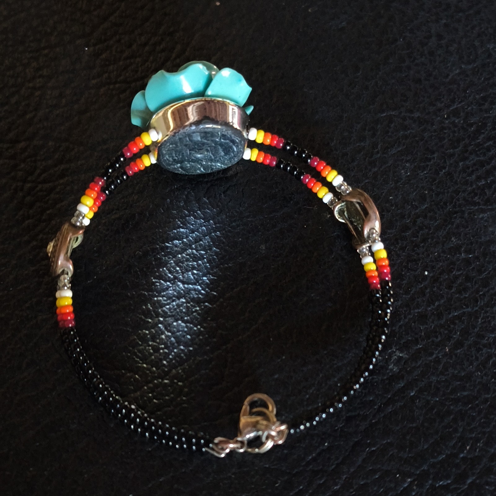Black Seed Bead Bracelet Turquoise Flower Charm Lobster Clasp Multicolor