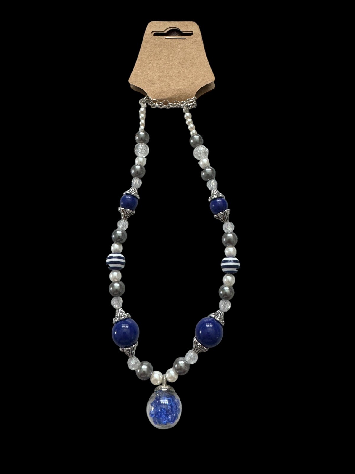 Handmade Beaded Blue White Silver Tone Necklace, Faux Sapphire Jar Pendant P4