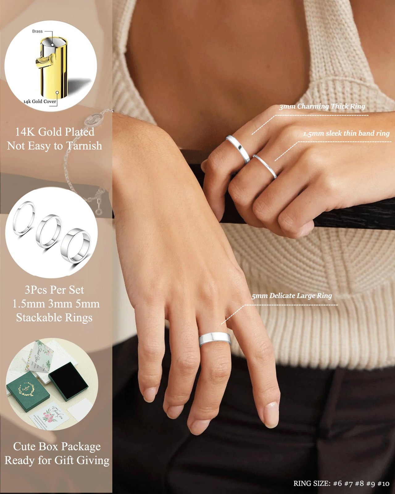 Stackable Silver Gold Rings for Women Non Tarnish 14K Gold Plated Cigar Plain…