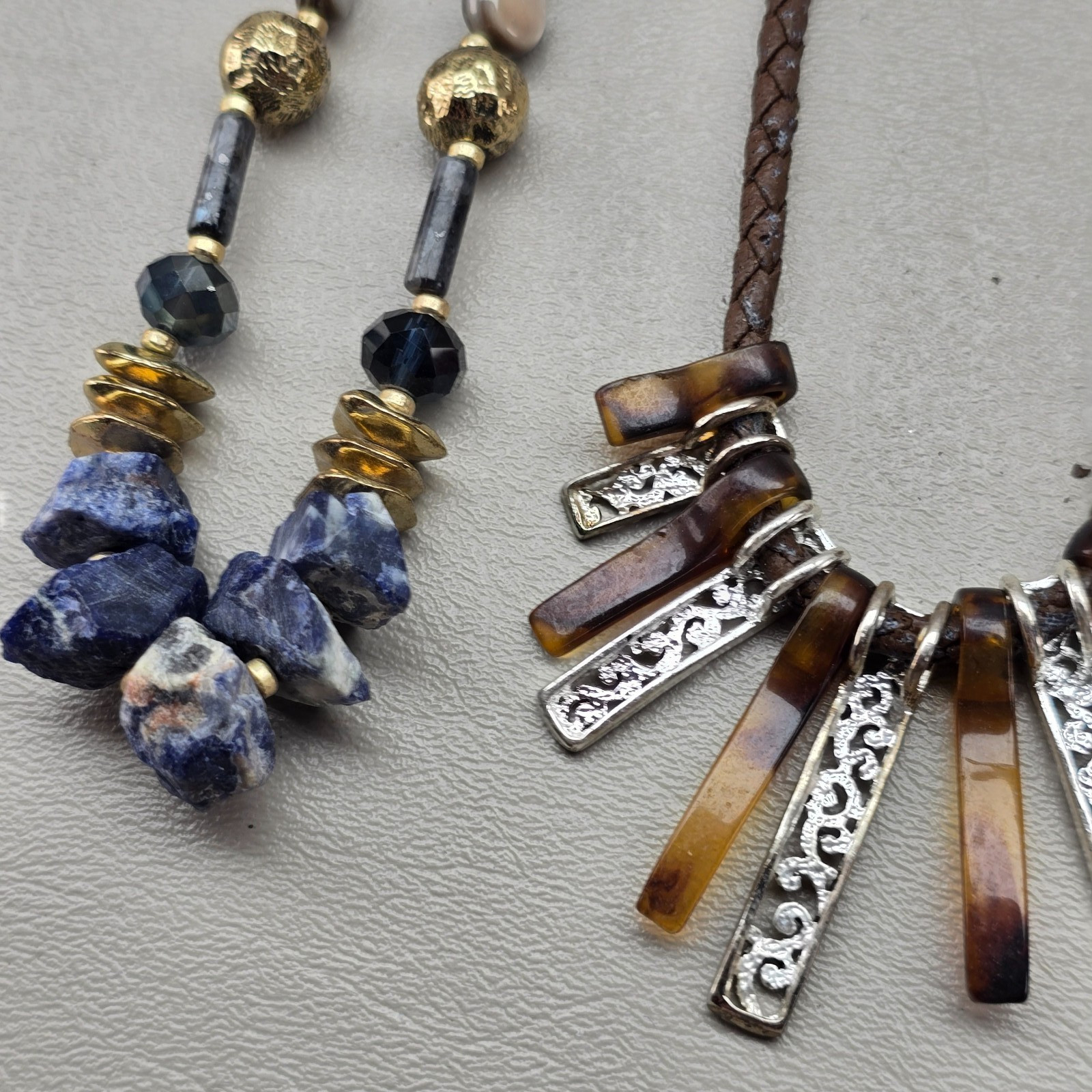 Vintage Fashion Necklace Lot Three Ladies Boho Carnelian Shell Leather Stone