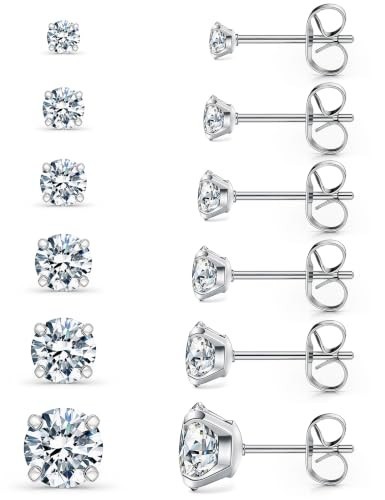 6 Pairs Stud Earrings Set Hypoallergenic Cubic Zirconia 316L A-001-silver