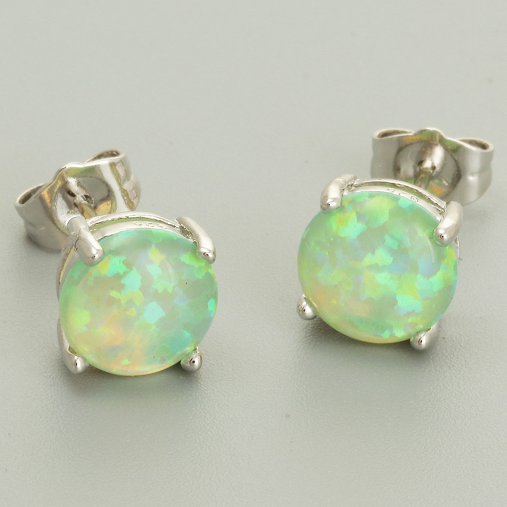 8mm Round Kiwi Green Fire Opal Cabochon Silver Jewelry Simple Stud Earrings