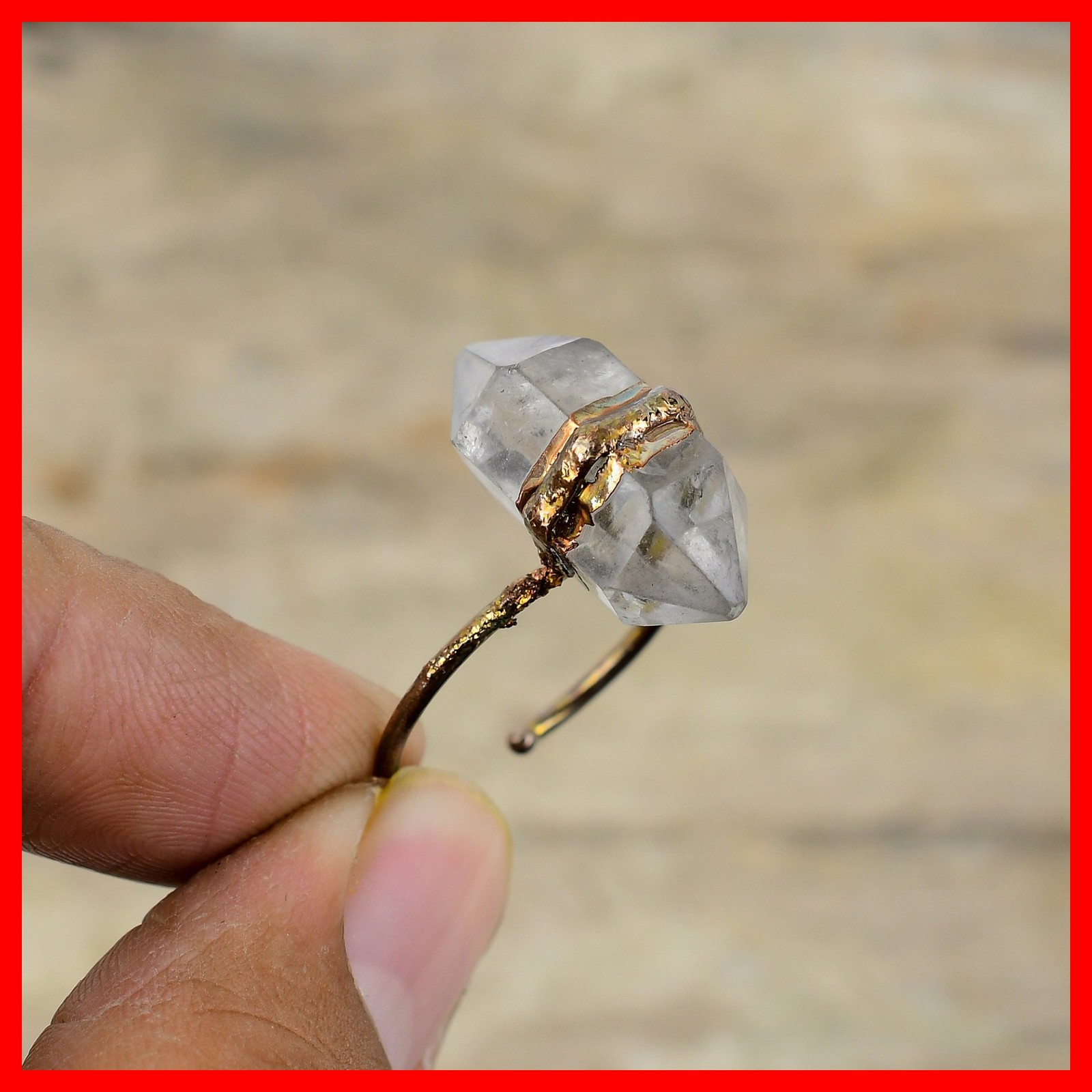 Herkimer Diamond Gemstone Copper Statement Electroformed Promise Handmade Ring